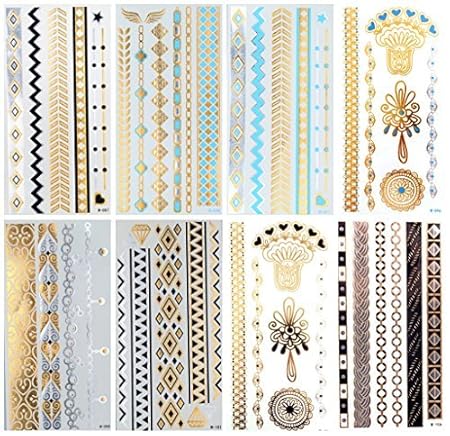 8 x Gold Flash Tattoos auch Silber und Türkis Flashtattoos Bling Body Tattoo schmal
