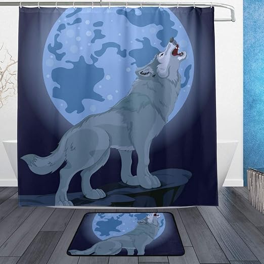 Amazon Com Lorvies Howling Wolf Bathroom Set Polyester Fabric Shower Curtain 72 X 72 Inch With Bath Mats Rugs 15 7 X 23 6 Inch 12 Rings Home Kitchen