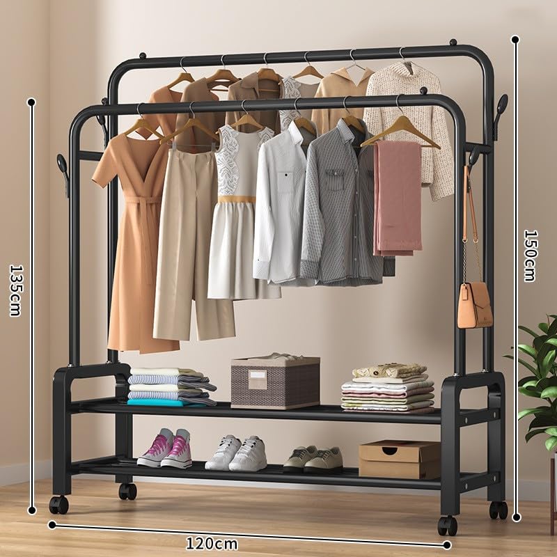 ORCHID M® Double Rod Clothing Rack with Wheels,Heavy-Duty Clothes Hanging Rack with Lockable Wheels for Bedroom, Free-Standing Closet Organizer with Storage Shelves, Entryway, and Office