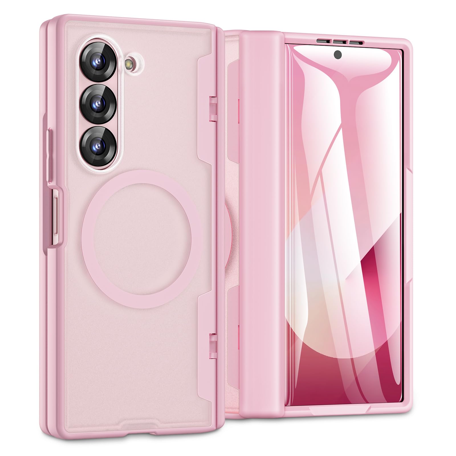 Caka for Samsung Galaxy Z Fold 6 Case [Compatible with Magsafe] [Hinge Protection] [Built-in HD Screen Protector] Translucent Hard Shockproof Magnet Phone Cover for Fold6 - Pink