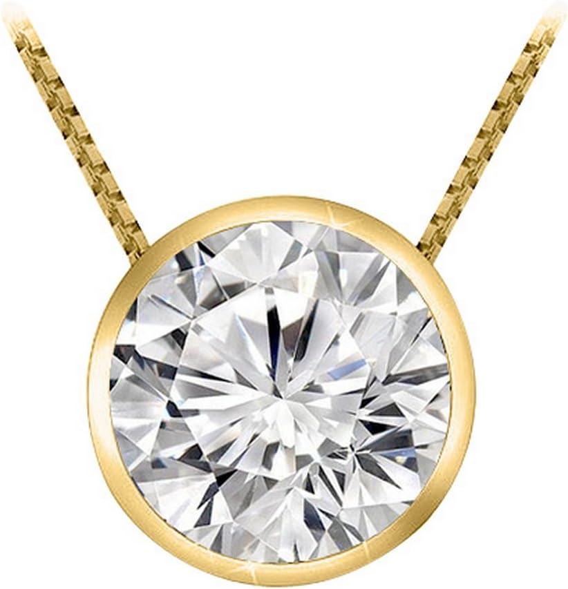 Houston Diamond District0.5 Carat 14K White Gold Round Diamond Bezel Solitaire Pendant Necklace H-I Color I2 Clarity