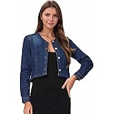 Allegra K Denim Jacket for Women's Collarless Button Down Crop Jean Jackets