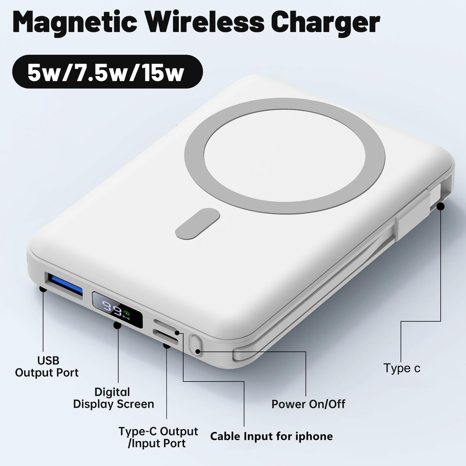 Yiisonger for Magsafe Battery Pack - 10000mAh Portable Charger for Mag-Safe 22.5W PD Fast Charging with Built-in Cables LED Display, Magnetic Power Bank for iPhone 16/15/14/13/12/Pro/Mini/Pro Max