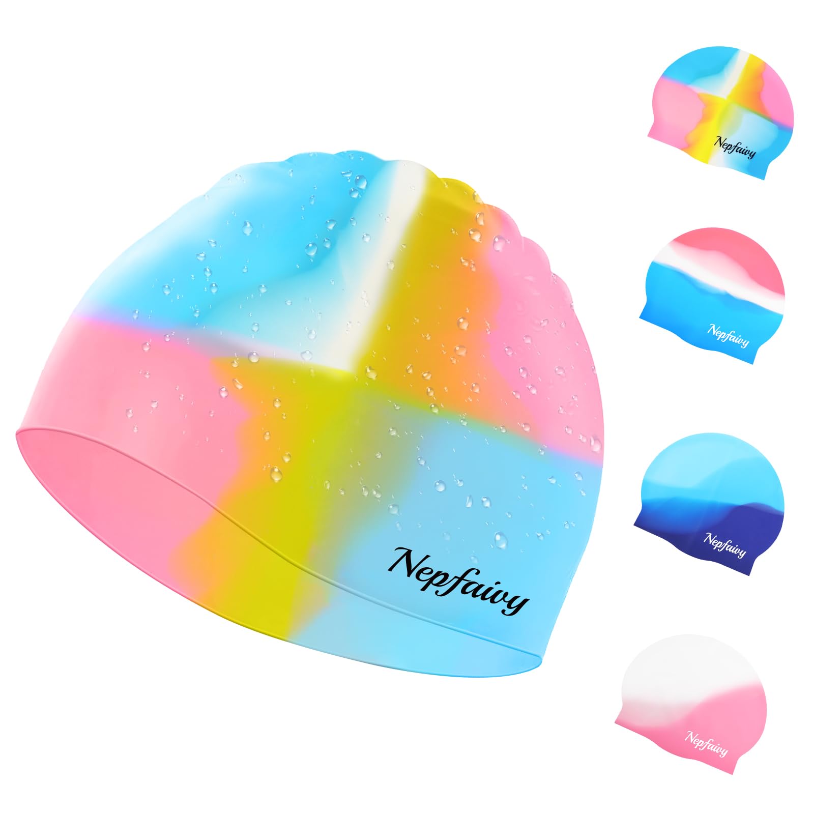 Nepfaivy Kids Swimming Cap Waterproof - 100% Silicone Swimming Hat Kids, Comfortable Anti Slip Boys and Girls Swimming Cap, Stretchable and Durable Swim Cap for Children 6-14 Years (Multicolour)