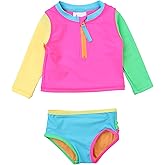 RuffleButts® Baby/Toddler Girls Long Sleeve Rash Guard 2 Piece Swimsuit Set w/UPF 50+ Sun Protection with Zipper