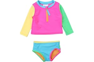 RuffleButts® Baby/Toddler Girls Long Sleeve Rash Guard 2 Piece Swimsuit Set w/UPF 50+ Sun Protection with Zipper