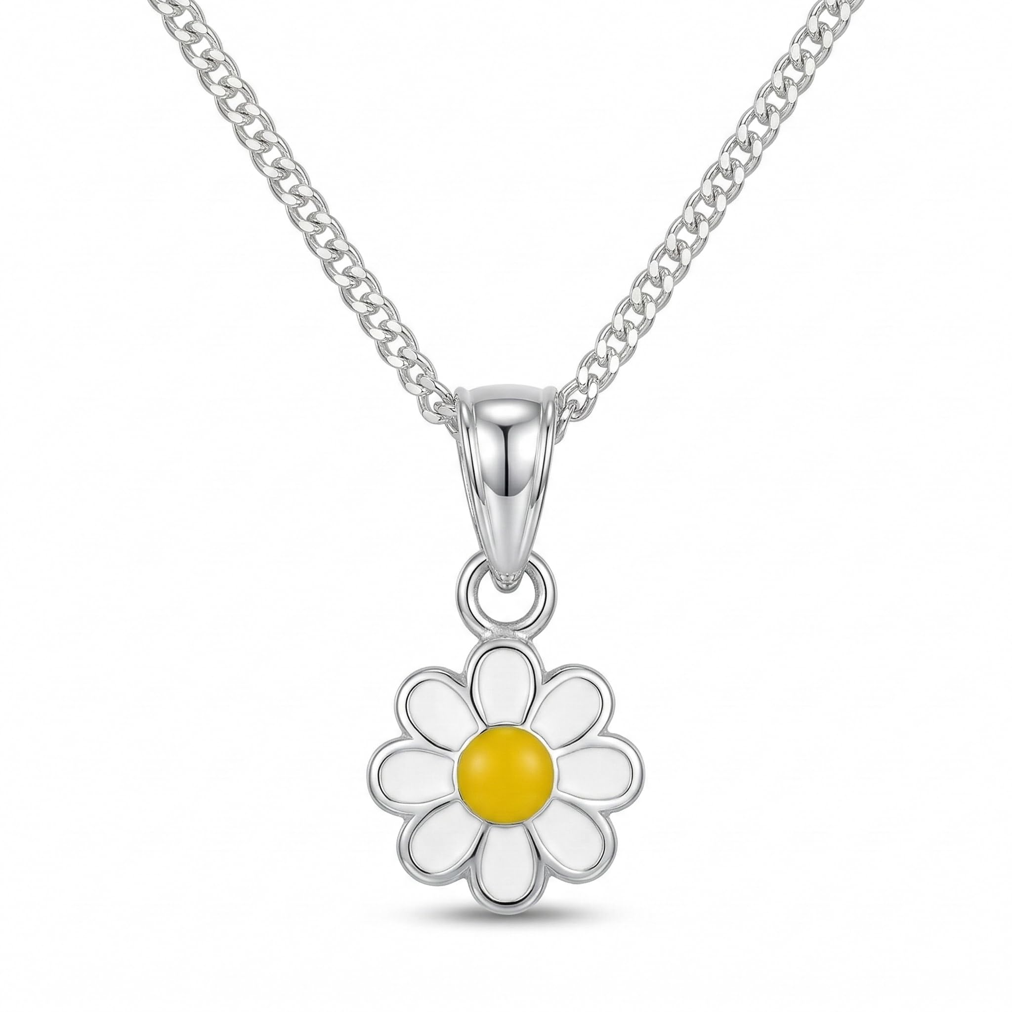 Heather Needham Sterling Silver Children's Daisy Necklace on 14" Silver chain - Yellow & White Enamel Daisy Pendant - SIZE: small & dainty 10mm. Gift Boxed 4876/14