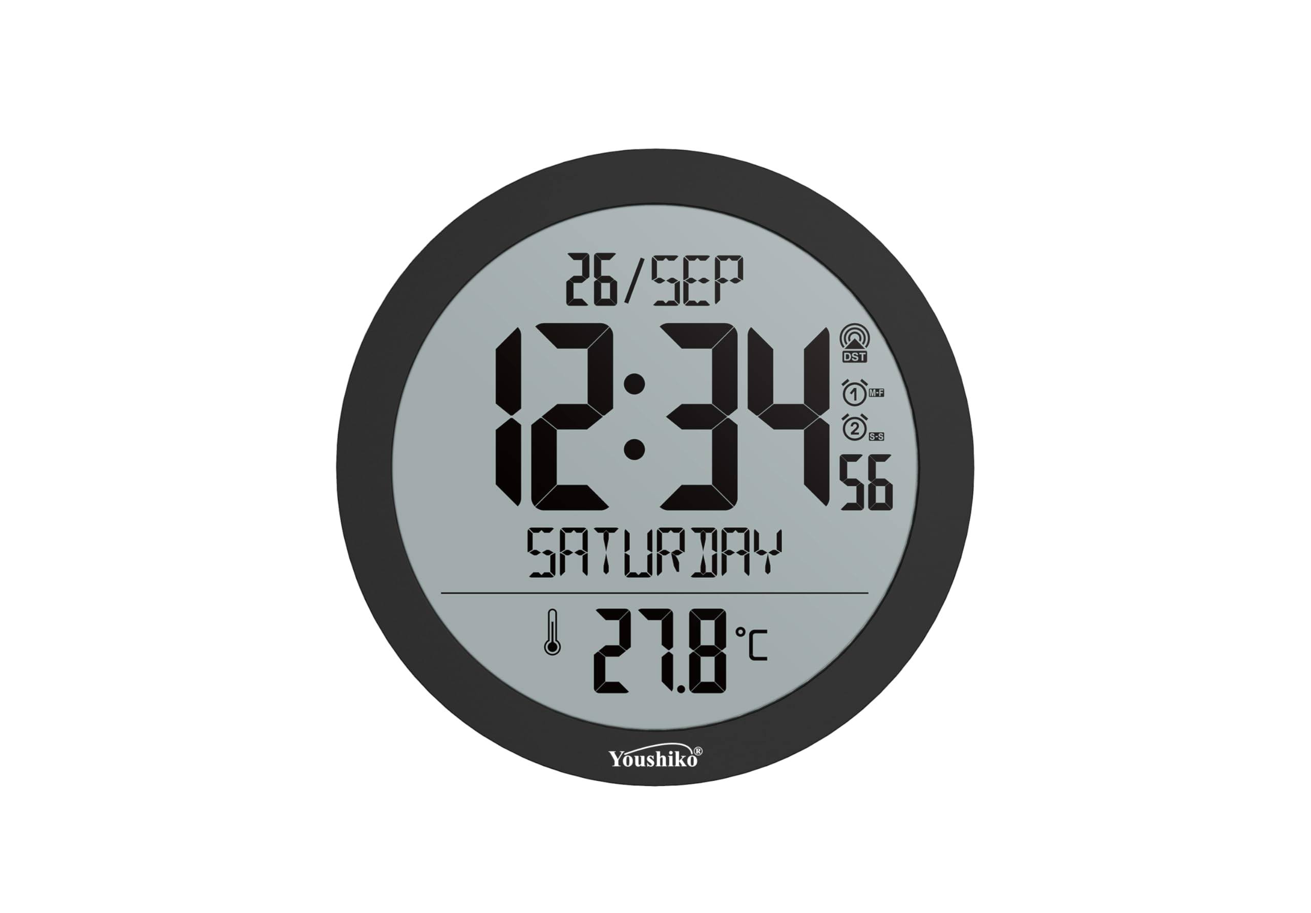 Youshiko Jumbo Large Radio Controlled Wall Clock (UK & Ireland Version/Premium Quality/Clear Display), Large Round, Temperature display (Black)