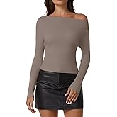 QINSEN Womens Asymmetrical Neck Sweater Slim Fit Long Sleeve Knit Pullover Top