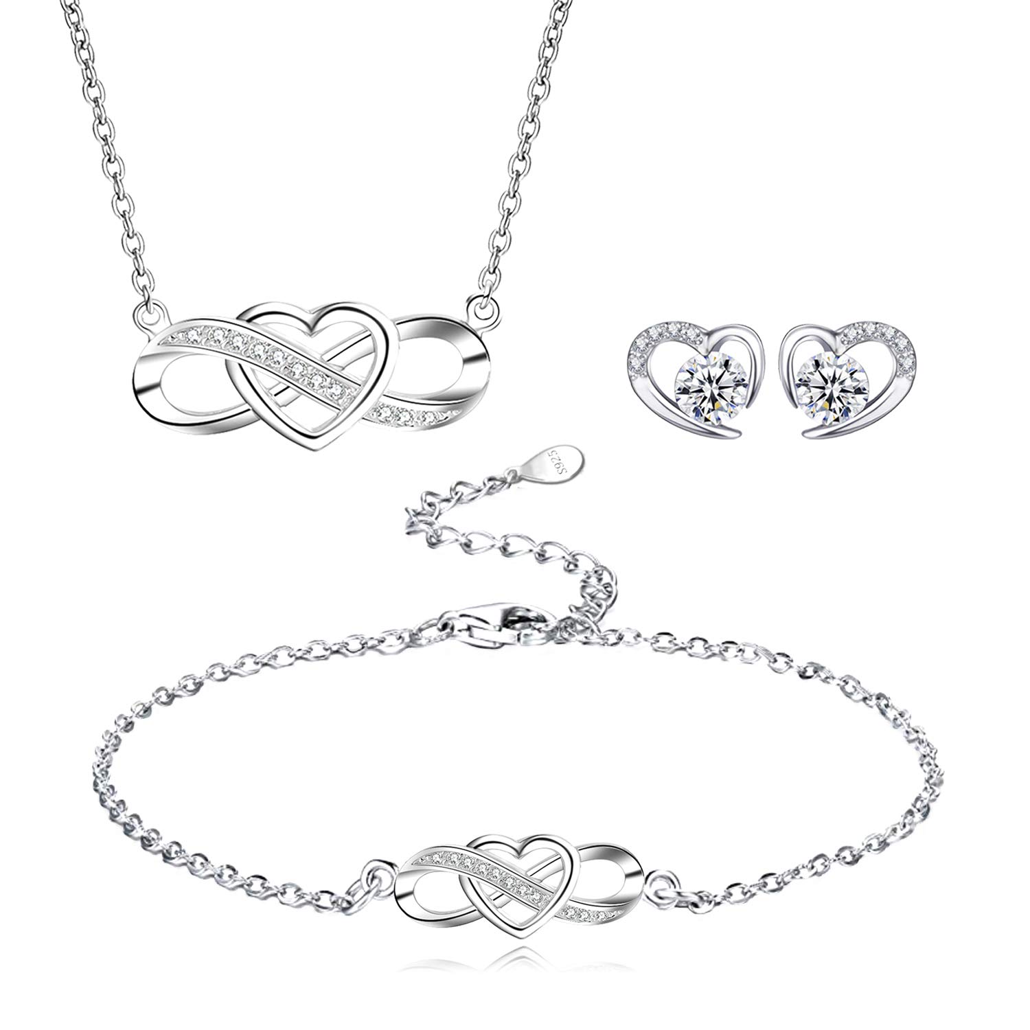 LYL.Adorer Jewellery Set for Women, Infinity Endless Love Heart Necklace and Bracelet, Heart Earrings with Sparkling Cubic Zirconia,925 Sterling Silver, Gift for Women Girls