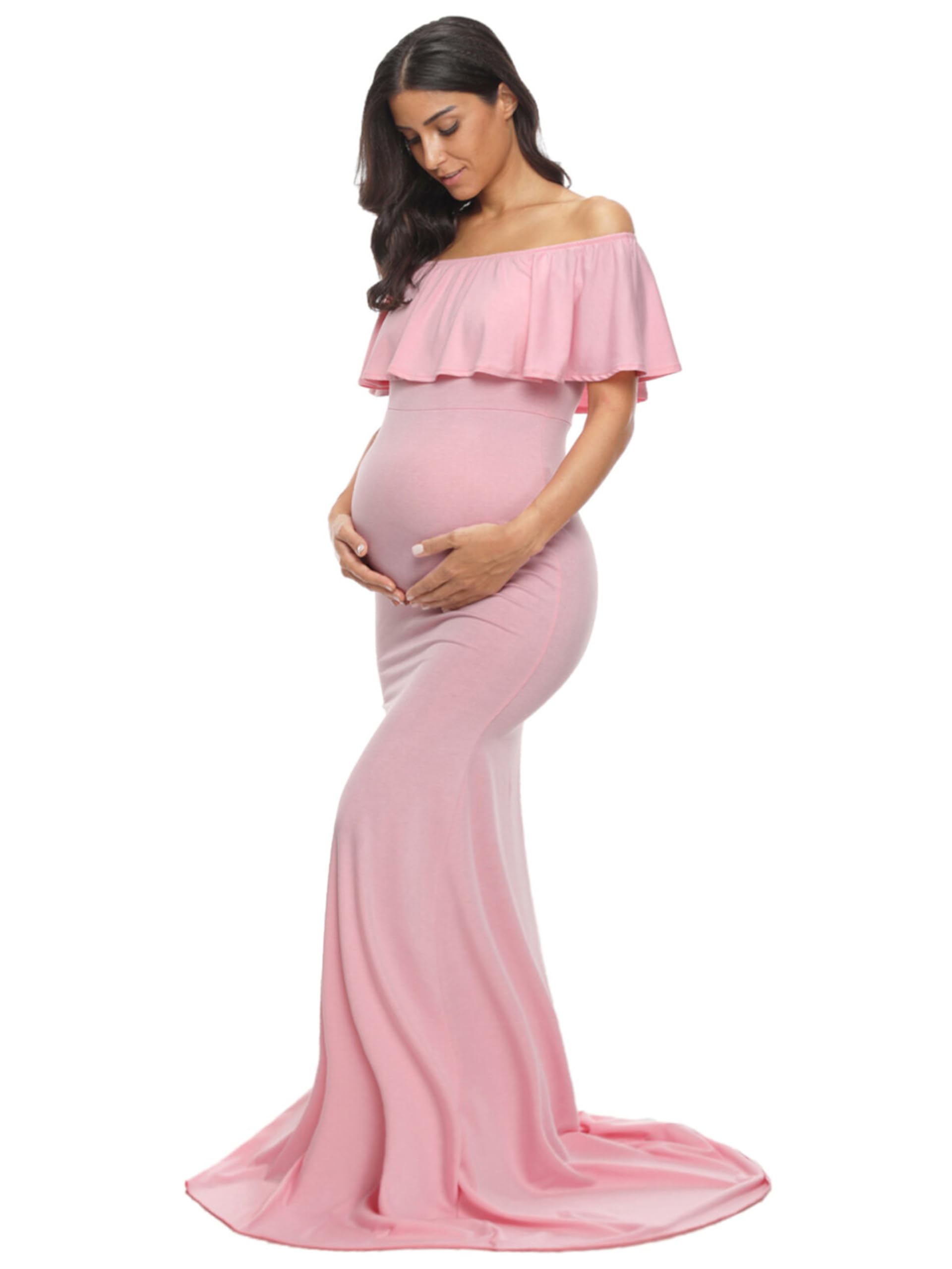 Photo 1 of (small) Glampunch Womens Off Shoulder Maternity Dress Ruffles Elegant Slim Gowns Fit Maxi Photography Dress A-Pink