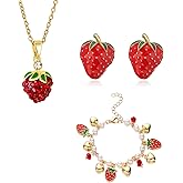 QLUYCKW 3PCS Red Strawberry Jewelry Set for Women Dainty Lovely Sweet Strawberry Fruit Pendant Necklace Fashion Strawberry Rhinestone Bracelet Birthday Party Chic Jewelry