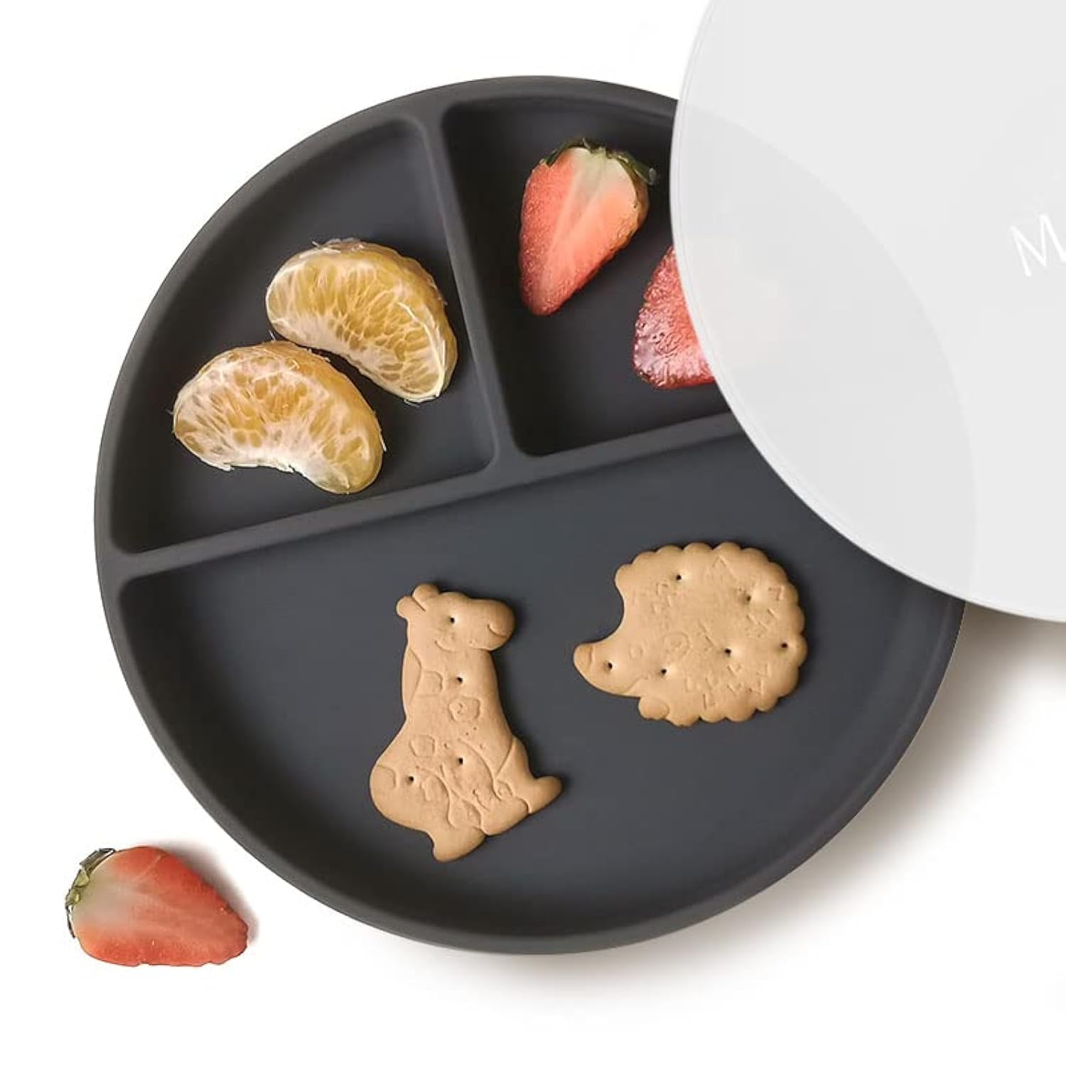 Moonkie Suction Plates for Babies & Toddlers | BPA-Free Weaning Plate with Lid | Silicone Divided Plate | Microwave and Dishwasher Safe - 1 Pack (Dark Grey)
