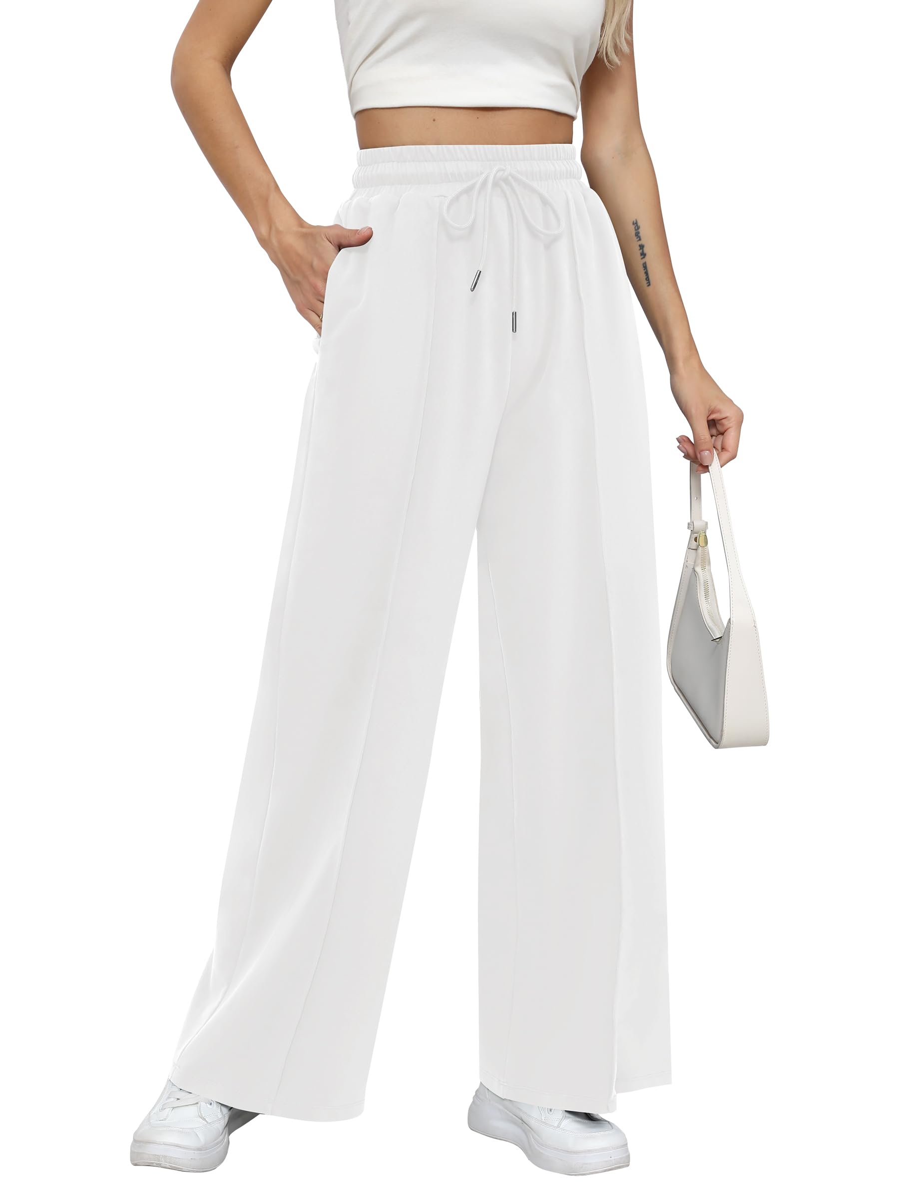 Photo 1 of Missufe Women's Elastic High Waist Wide Leg Loose Casual Pants Joggers Workout Lounge Sweatpants with Pockets (White, X-Large)
