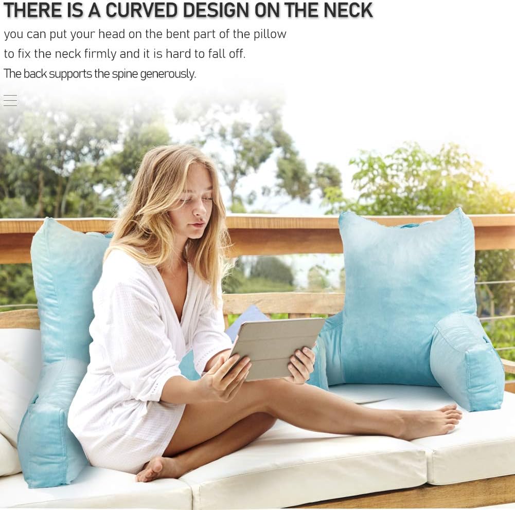 Neustern Reading Pillows with Enlarged Support Arms - Removable Backrest Cover with Pockets, Comfy Bed Rest Pillows for Bed Back Support (22 inches high) - Ideal for Adults/Teen/Kids (Blue): Home & Kitchen