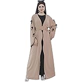 Elegant Flowy Muslim Cardigan Robe with Bow Accents Front Wave Design Abaya for Women Open Front Abaya with Belt