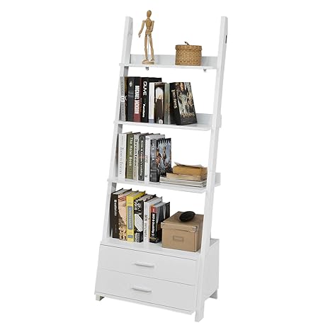 SoBuy® FRG230-W Leiterregal Bücherregal Standregal Badregal mit Ablagen und 2 Schubladen in weiß, BHT ca: 65x171x41cm