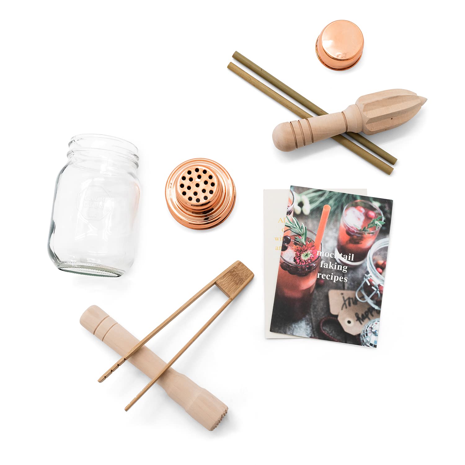 Calm Club Mocktail Shaker Kit - Mixer Set Includes Mason Jar Cocktail Shaker, Juicer, Muddler, Bamboo Tongs, Bamboo Straws and Mocktail Recipe Booklet