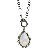 Moonstone Baguette Diamond Teardrop Pendant Necklace- Genuine Diamond- Sterling Silver- June Birthstone Birthday Gift Idea- Unisex Jewelry- Statement- Wedding- Victorian Style- Bridal- Anniversary