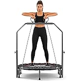 RAVS 40"/48" Foldable Mini Trampoline with Adjustable Handle for Adults | 330/450 lbs Capacity | Adjustable Foam Handle | 80% Pre-Assembled | Low-Impact Indoor/Garden Workout