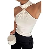 Milumia Women's Metal Mock Neck Ruched Tank Top Sleeveless Slim Fit Going Out Tops