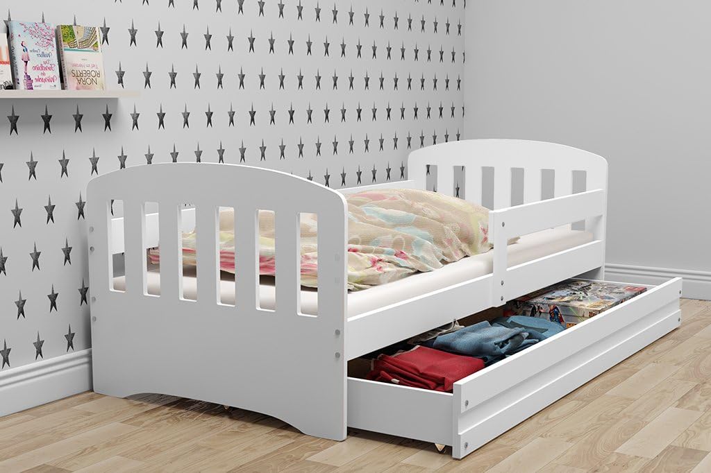 CLASSIC single children's bed, 160x80 wooden solid beds for boys and girls +free mattress and storage (White)