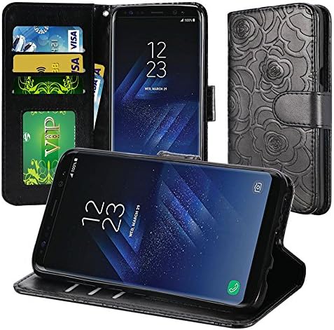 Galaxy S8+ Plus Wallet Case, S8+ Plus Wallet Case, G955 Flip Case, Pouch Horizontal Flap Credit Card Slots With Strap Protector Cover, Black Textured Rose Flower Design For Samsung Galaxy S8+ Plus