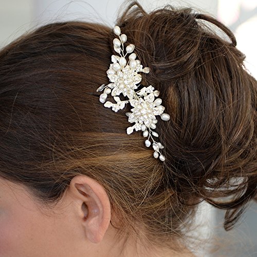 Mariell Genuine Freshwater Pearl Wedding Hair Comb - Designer Bridal Headpiece with Crystal Sprays