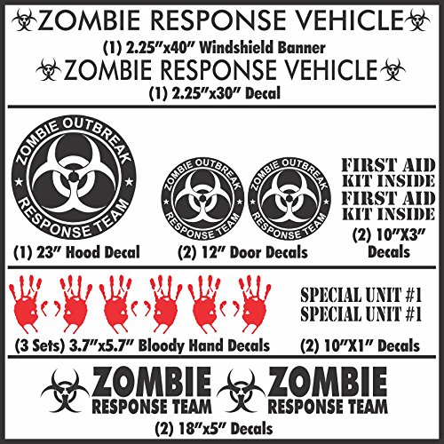 Zombie Outbreak Response Team - 17 Piece Black Vehicle Sticker / Decal kit - Car Truck New (Black)