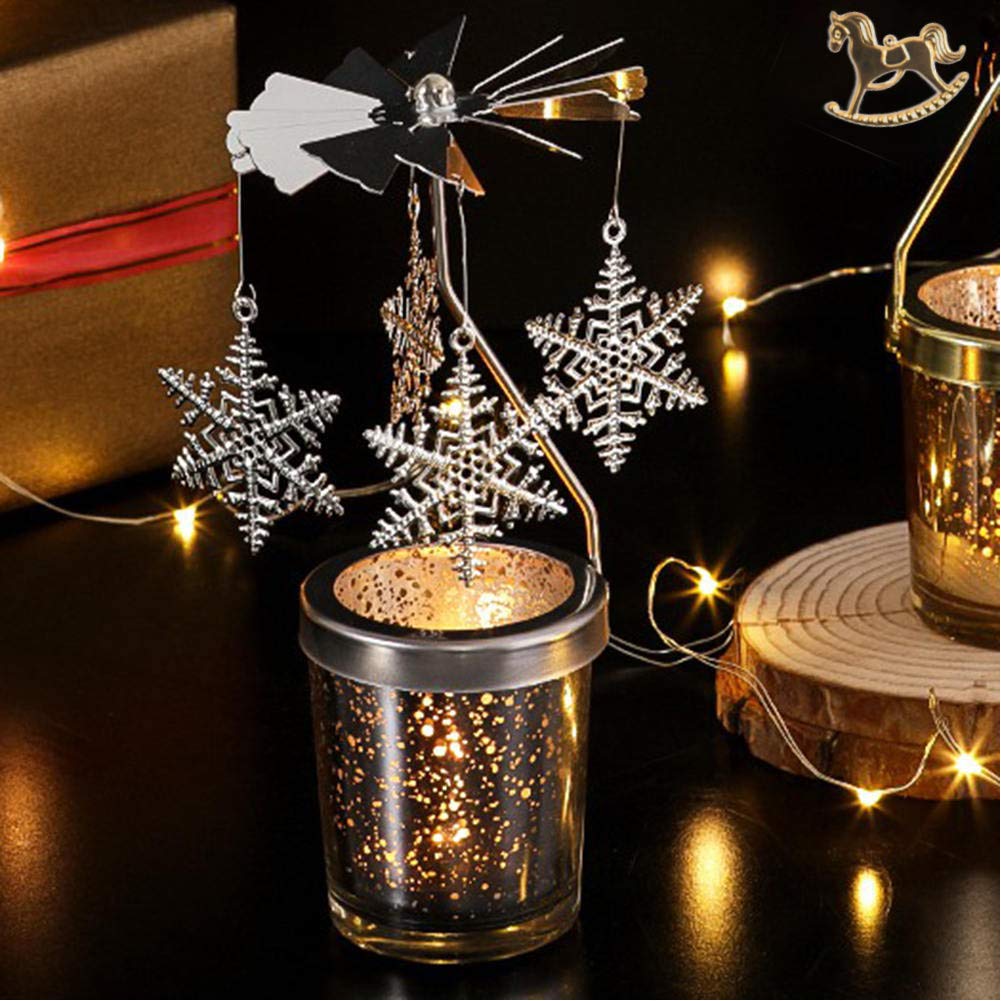 Tea Light Holder, 1 Set Rotating Candle Holder Romantic Candle Light Dinner for Home Decor Gifts Frosted Glass Scandinavian Design Candle Holder with Snowflake and Feather Ornaments(Without Candles)