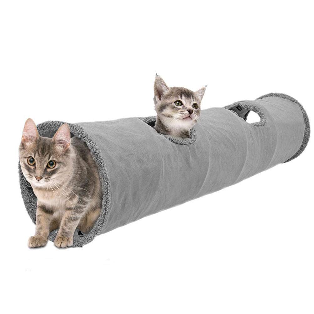 POPETPOP 130CM Foldable Pet Cat Tunnel Cat Nest Suede Fabric Cats Toy Cats Bed House for Kittens Puppies Rabbits-Size L Grey