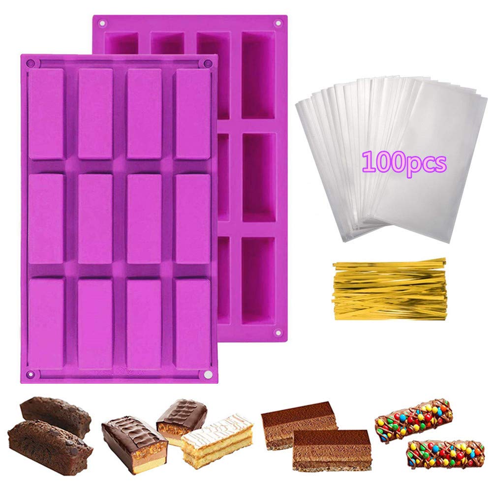 2 Pack 12 Cavity Rectangle Granola Bar Silicone Mould + 100pcs Treat Bags, Nutrition Energy Cereal Chocolate Bar Mould for Baking Bread Brownie Cheesecake Butter Soap Mold (Purple)