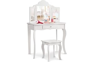 HONEY JOY Kids Vanity Set with Mirror, 2-in-1 Wooden Toddler Vanity Table with Stool, Tri-Folding Mirror & Drawer, Removable Top, Princess Pretend Play Beauty Makeup Vanity for Little Girls (White)