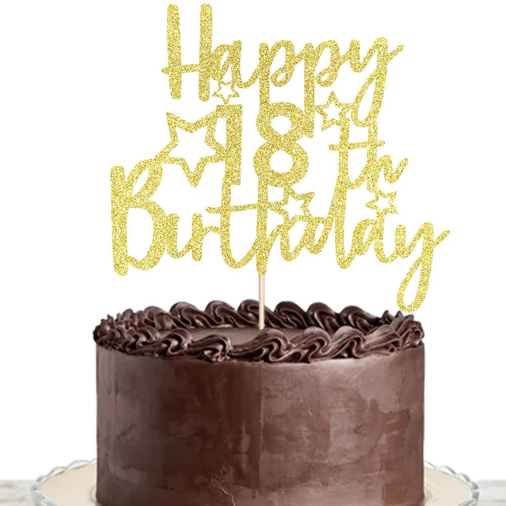 Photo 1 of Happy 18th Birthday Cake Topper Black Gold Glitter Cheers to 18 Years Birthday Cake Pick 18 Fabulous Cake Decoration for Happy 18th Birthday Anniversary Party Cake Decorations Supplies (18, Golden) MULTIPACK