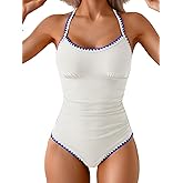 Eomenie Women's One Piece Swimsuit Tummy Control Slimming Bathing Suit Ruched Swimwear Tie Back Shell Stitch Swim Suit