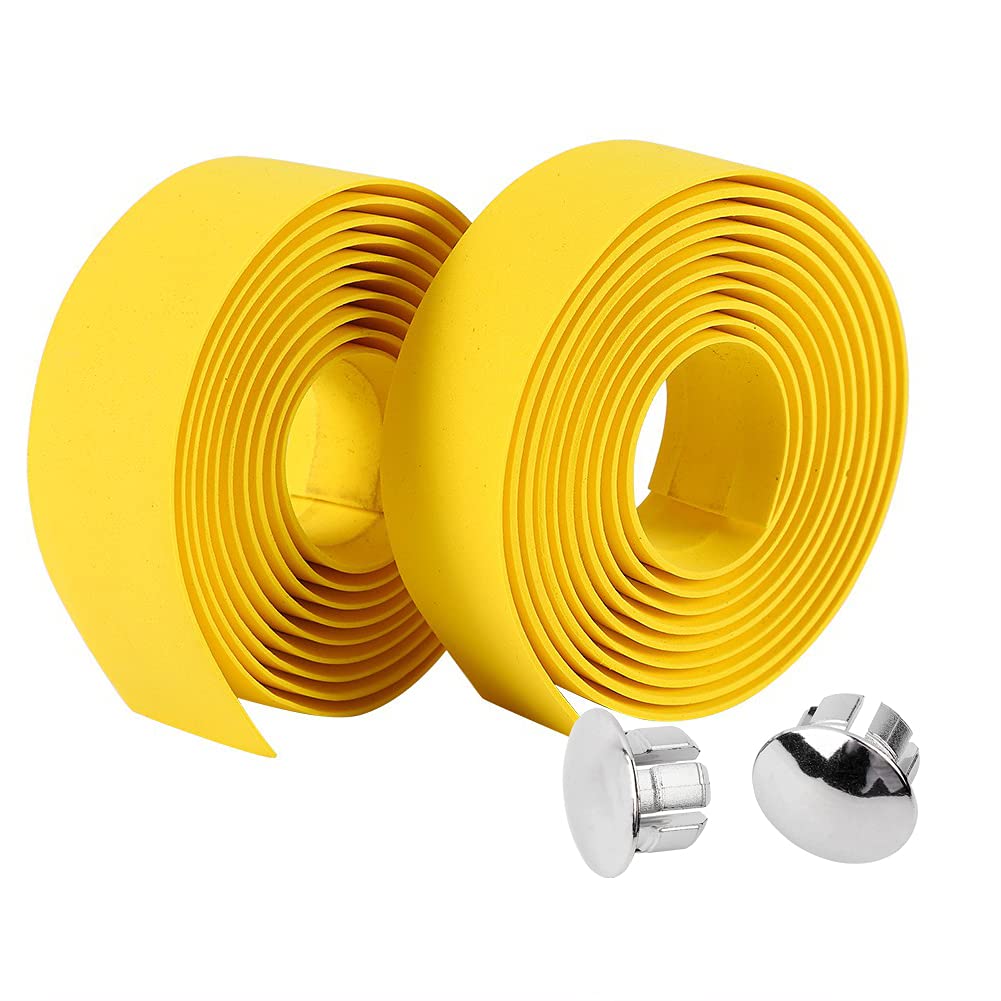 Bicycle Bar Tape, Bike Handlebar Tapes Rubber Foam Bicycle Anti-Slip Reflective Grip Wrap Tape Wraps + 2 Bar Plugs for Touring Cycling and Road Racing(Yellow)