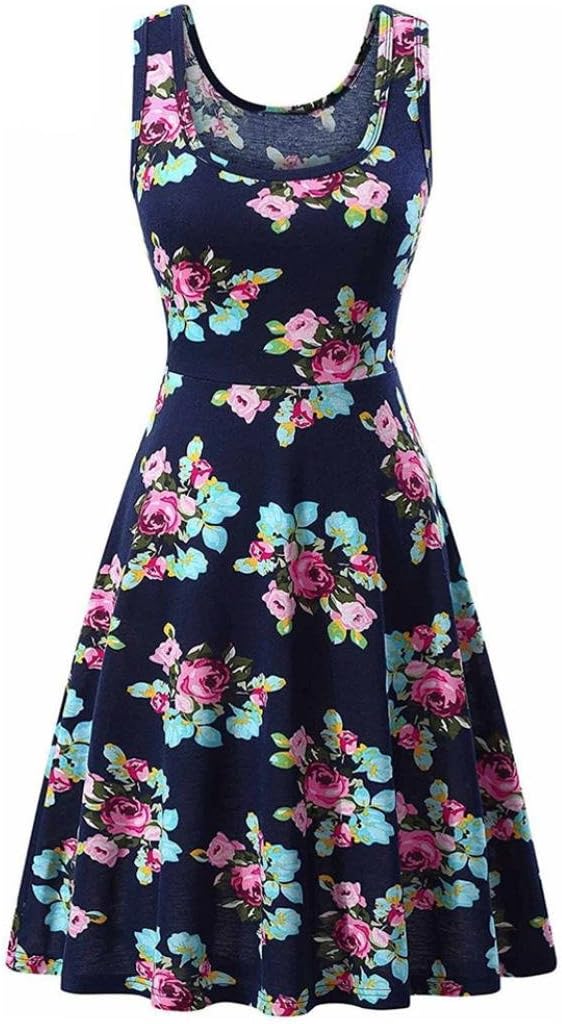 Women Sleeveless Printing Summer Beach A Line Casual Dress Floral Dress