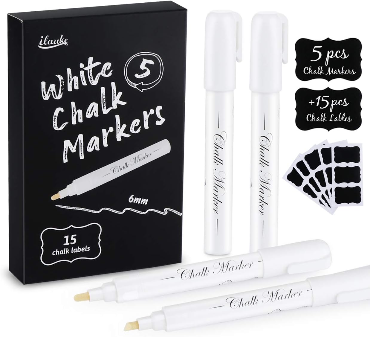 ilauke White Chalk Pens 5 Pack White Dry Erase Liquid Chalk Markers for