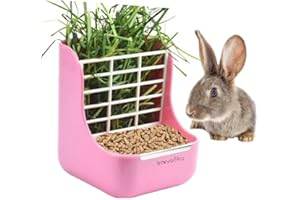 STKYGOOD 2 in 1 Food Hay Feeder for Guinea Pig, Rabbit Feeder, Indoor Hay Feeder for Guinea Pig, Rabbit, Chinchilla, Feeder Bowls Use for Grass & Food (Pink)