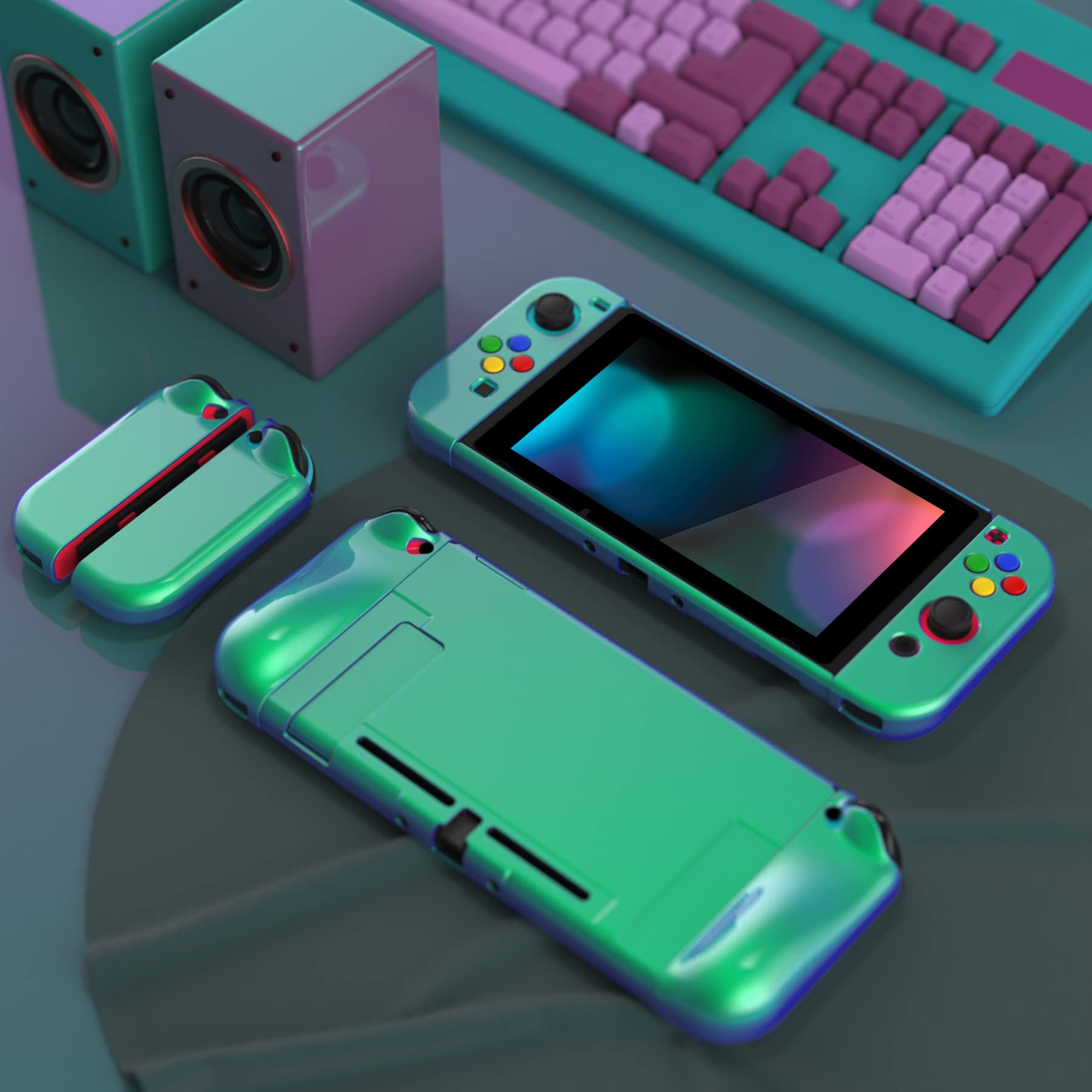 PlayVital AlterGrips Ergonomic Grips Cover for Nintendo Switch, [2 Design] Interchangeable Comfort Dockable Protective Case with Screen Protector & Thumb Grip Buttons Caps - Chameleon Green Purple