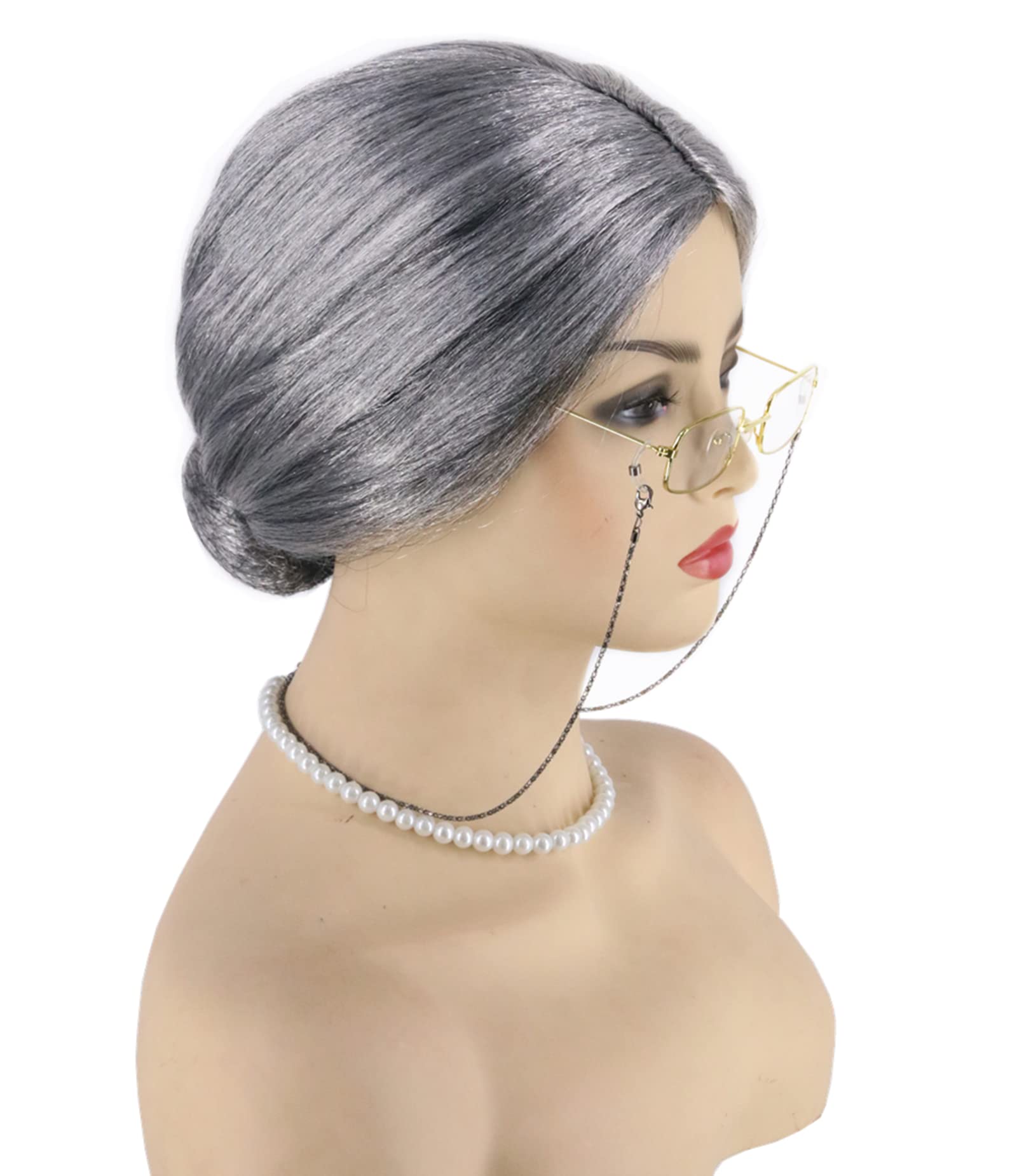 Topcosplay 3pcs Grandma Wig with Pearl Necklace and Glasses Old Lady Costume Set Adults Granny Grey Wig for Halloween Cosplay (Grey)