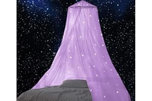 BCBYou Mosquito Net with Fluorescent Stars Glow in Dark for Baby, Kids, and Adults, for Covering Crib, Kid, Girls or Full Size Bed (Purple)