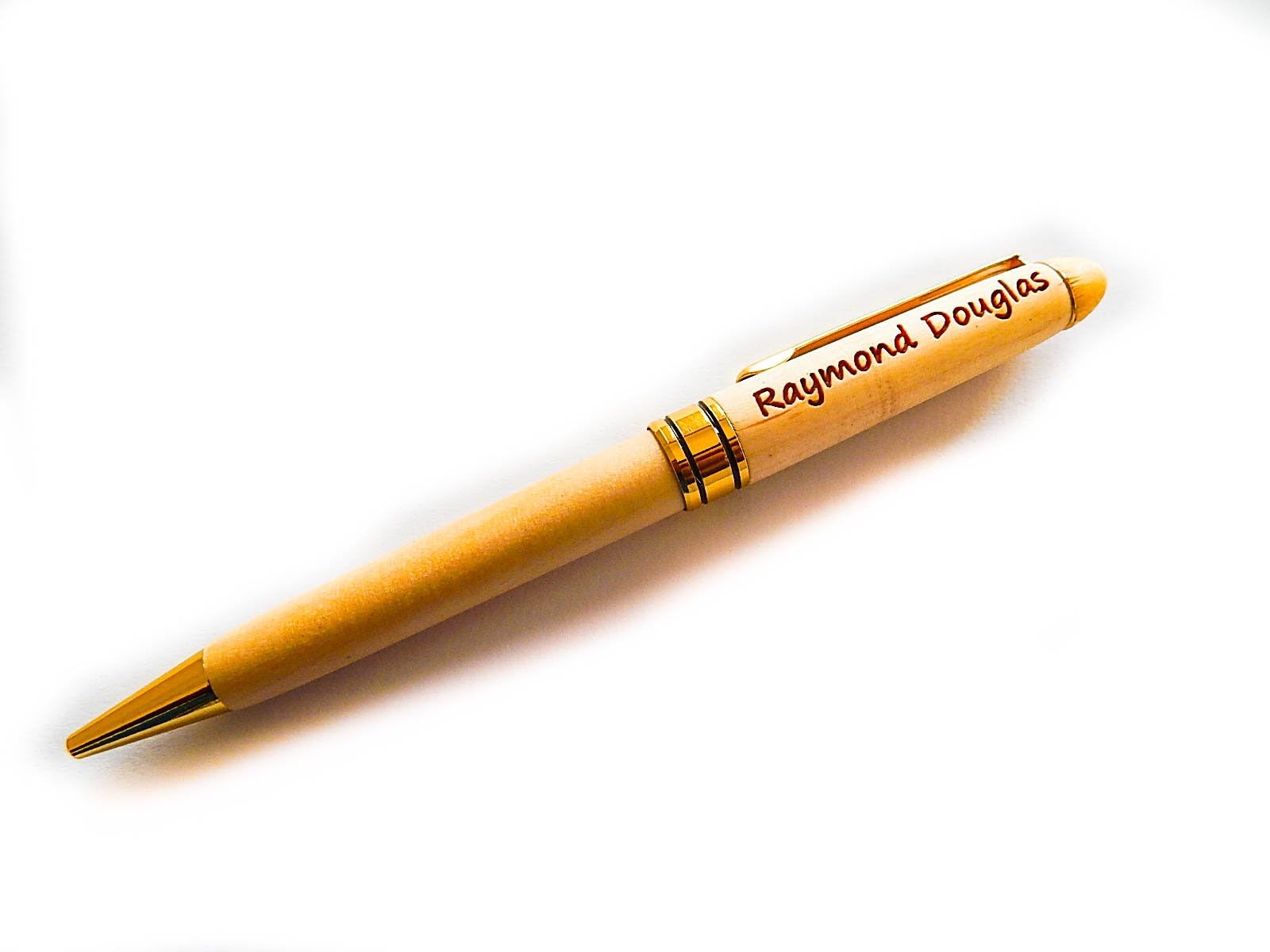Personalised Wooden Pen with gold trim and brown burned Laser Finished Text. What a lovely Gift PEN or choose to add a lovely Maple case for added Luxury (WOOD PEN WITHOUT BOX)
