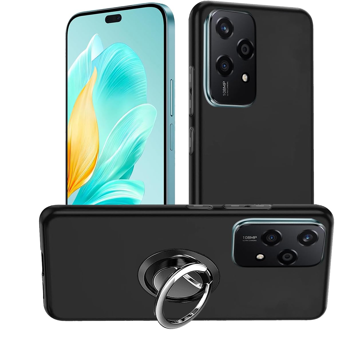 HuiYouMY 2-in-1 Case + Phone holder Ring Compatible with Honor 200 Lite Cover for Honor 200 Lite, Slim Fit Soft TPU Shockproof Anti-Scratch Phone Case Cover - Black