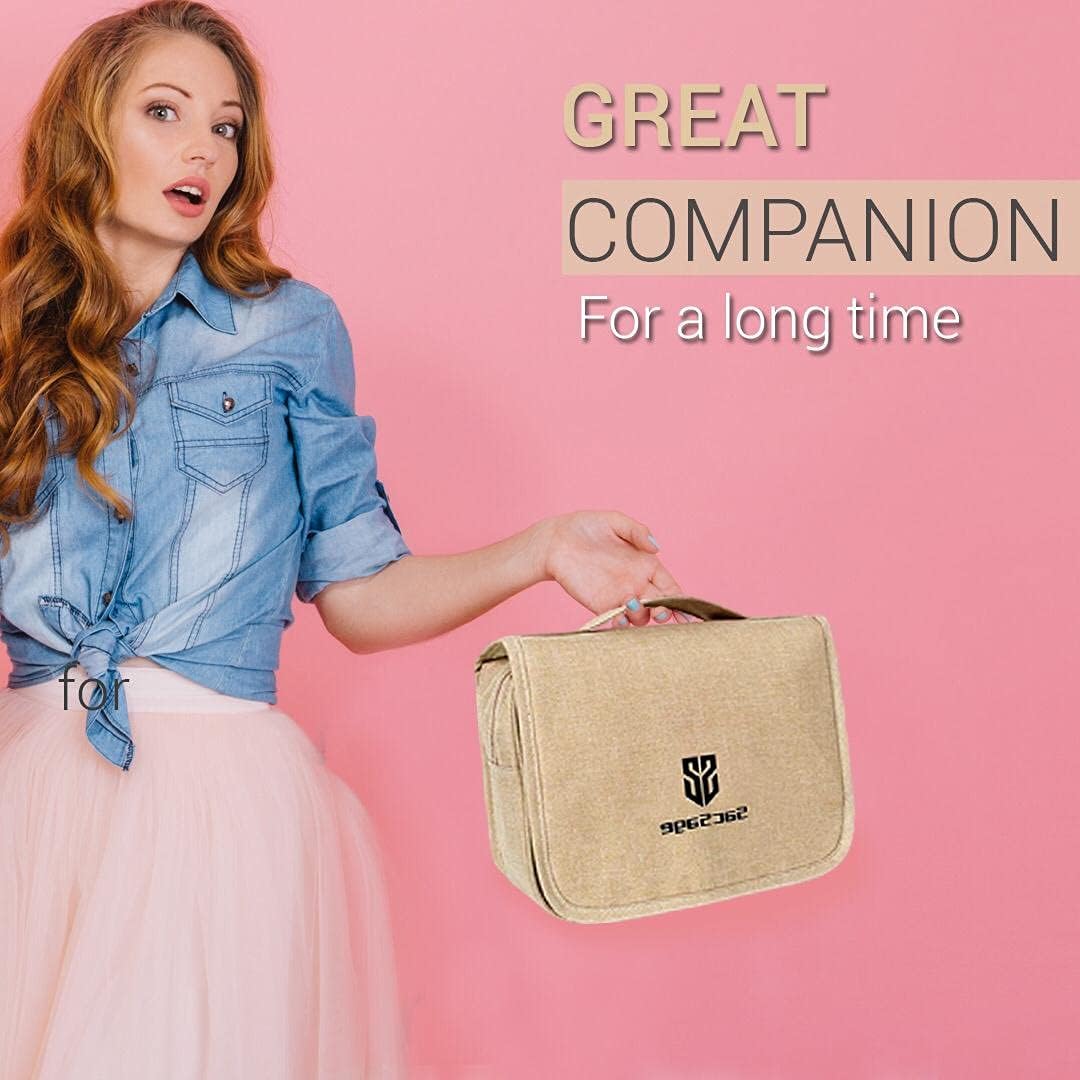 Hanging Travel Toiletry Bag for Women & Men by SacSage - Waterproof Organizer Bag with Hook for Toiletries Makeup Brushes Cosmetics Travel Essentials & Other Accessories (Beige)