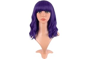 MapofBeauty 14 Inch/35 cm Short Wavy Curly Women Fresh Bright Synthetic Ordinary Flat Bangs Bob Wig (Dark Purple)