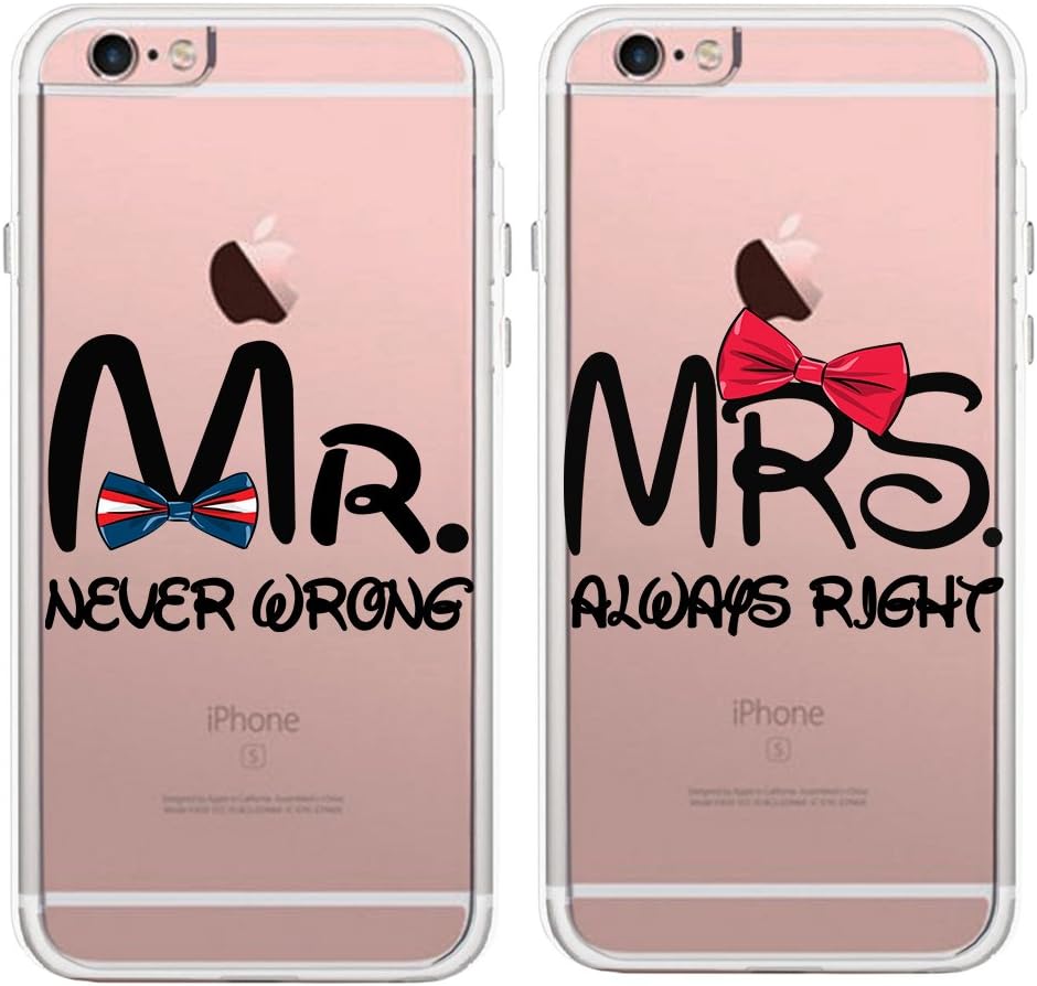 Lovers Couples Matching Partners Pairs MR. Never Wrong & MRS. Always Right Clear Soft TPU Rubber Protective Covers Cases for Apple iPhone 6 6S 7 8 Plus