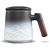 ZENS Tea Mug with Infuser and Lid for Loose Leaf Tea Steeper, 16.9oz Embossed Ceramic Tea Cup with Fine Strainers, Wood Handle Large Diffusers Mugs for Tea Lovers Gifts