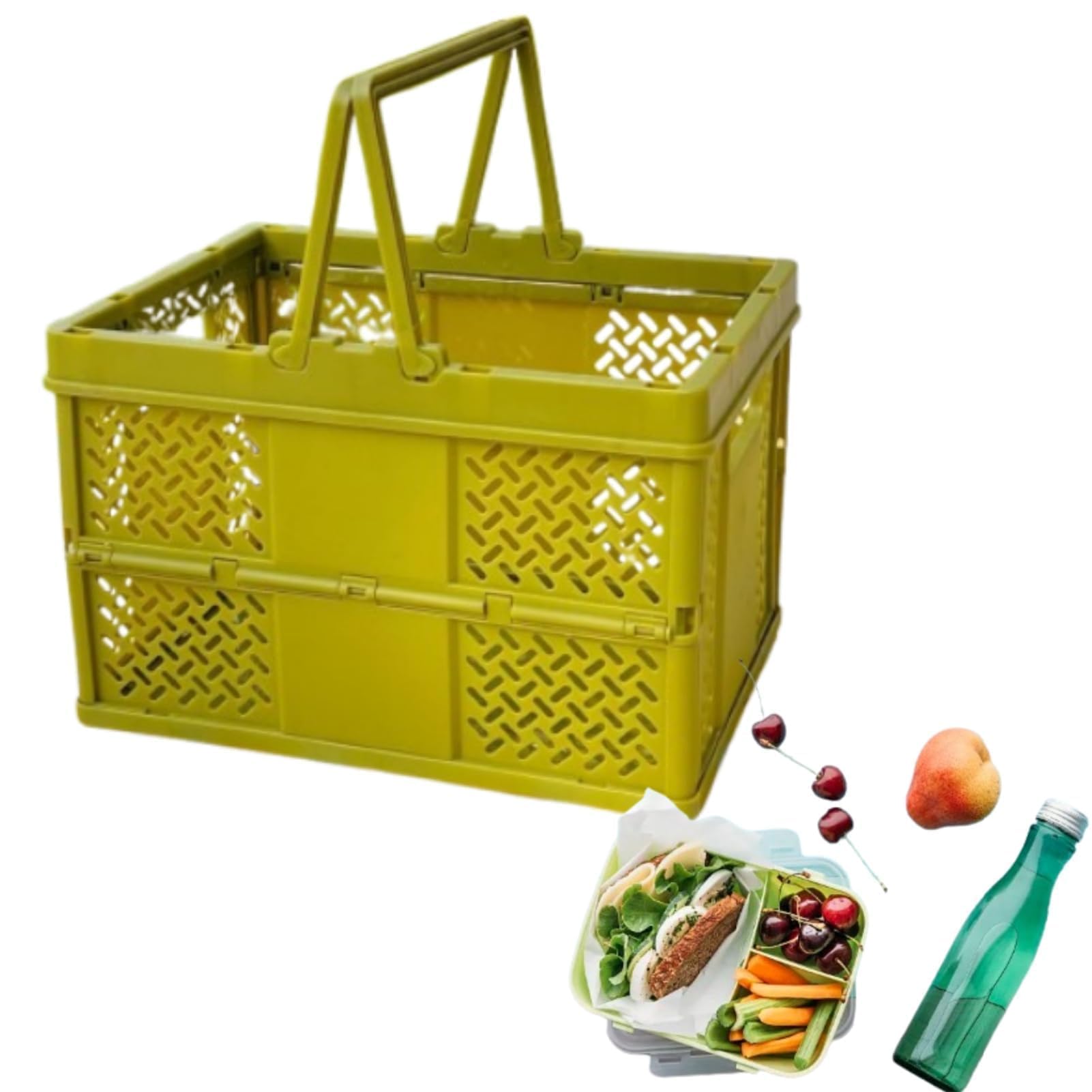 Collapsible Shopping Basket, Folding Storage Baskets Small Stackable Storage Box Plastic Grocery Shopping Basket with Handles (Green)