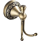 Flybath Towel Hook Brushed Brass Antique Coat Robe Hooks Wall Mount | Exquisite Pattern Carving Double Hook Design, Strong Hold, Vintage Gold Door Hooks For Hanging, Bathroom Kitchen Organizer